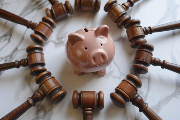 Piggy bank omringd door hamer koppen op een wit oppervlak