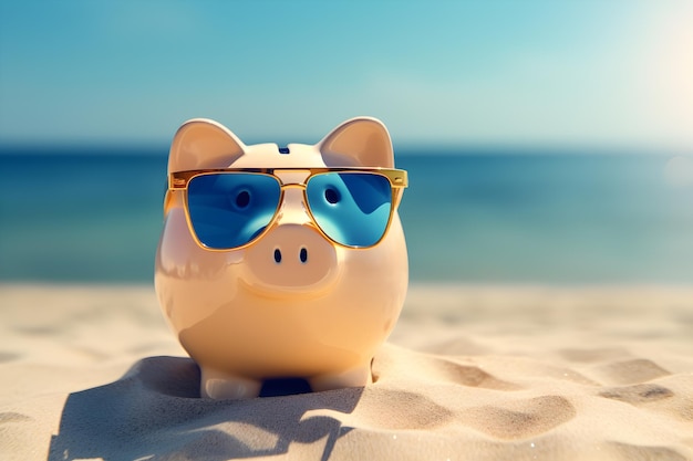 Foto piggy bank op het strand met een zonnebril vakantie concept web banner voor kopie tekst