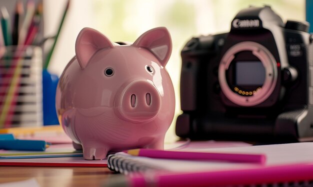 Photo piggy bank photos on a reflective surface with digital devices modern savings concepts