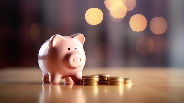 A piggy bank next to a pile of coins