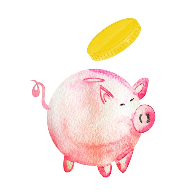 Piggy bank pink pig and gold coin watercolor single element