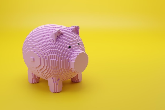 Piggy bank pixel art style with copy space 3d illustration