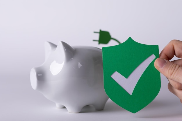 Piggy bank and a protective shield papercut in the hand of a man