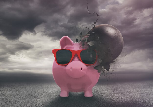 Photo piggy bank resists a demolition ball during a storm