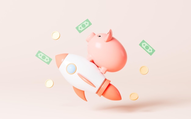 A piggy bank on the rocket with scattered gold coins in the yellow background 3d rendering