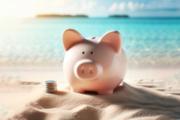 Foto piggy bank sulla spiaggia di sabbia sullo sfondo del mare blu