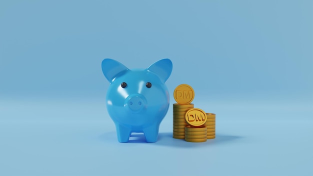 Photo piggy bank saving deutsche mark money on blue background