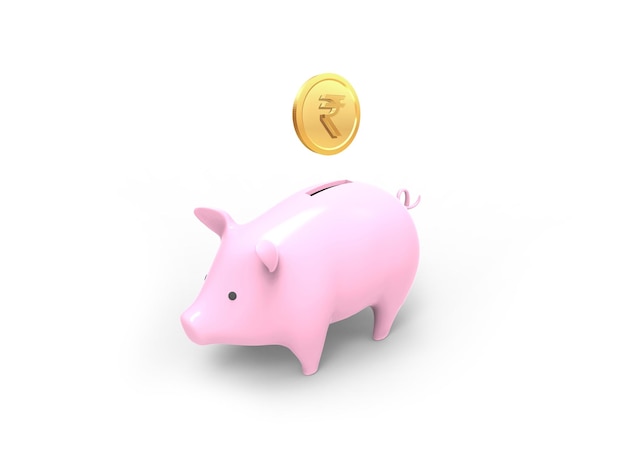 Piggy bank savings with Indian rupee gold coin - 3D Illustration