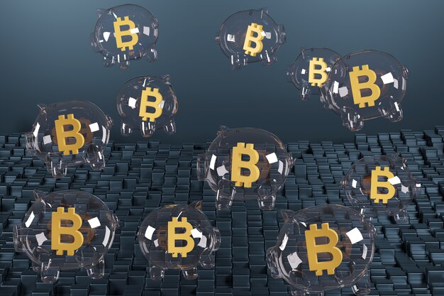 Piggy bank shaped bubbles with the bitcoin symbol inside.