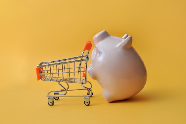 Piggy bank and shopping basket nearby symbol of sales and purchases