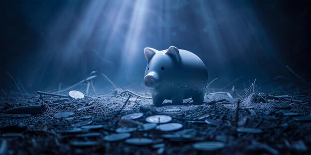 A piggy bank sits on a dirty floor with a broken