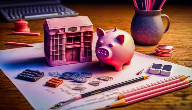 Photo piggy bank sits on top of desk with pencils and other items generative ai