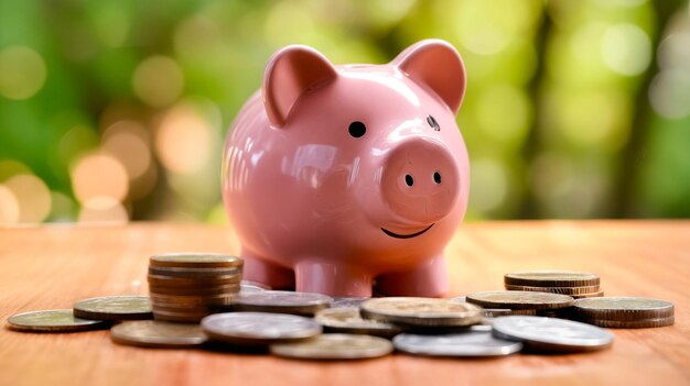 Piggy bank sitting on top of coins