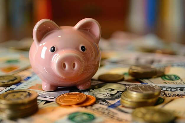 A piggy bank sitting on top of a pile of money