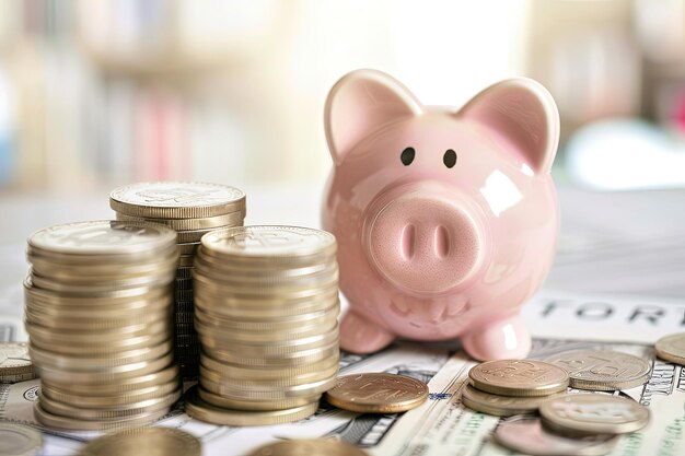 A piggy bank sitting on top of a pile of money