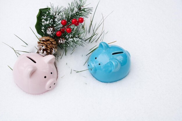 Piggy Bank in the snow winter time Christmas