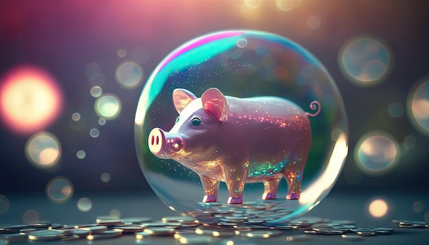 Piggy bank in soap bubble near money coins financial fragility of accumulated money concept