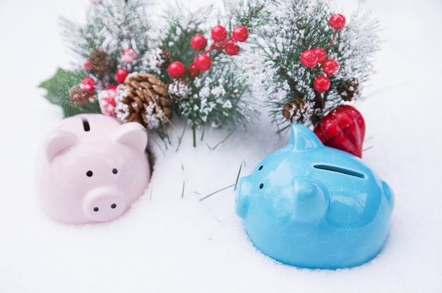 Piggy Bank staat in de sneeuw op de achtergrond van dennentakken winterseizoen Kerstmis