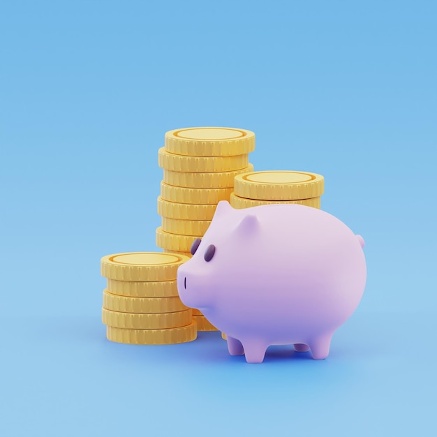 Piggy bank and stack coins on blue background with saving money concept Financial planning for the future 3D rendering