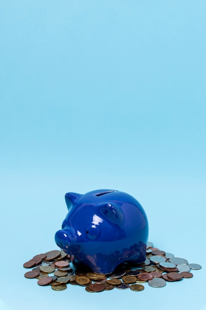 Photo piggy bank above a stack of coins