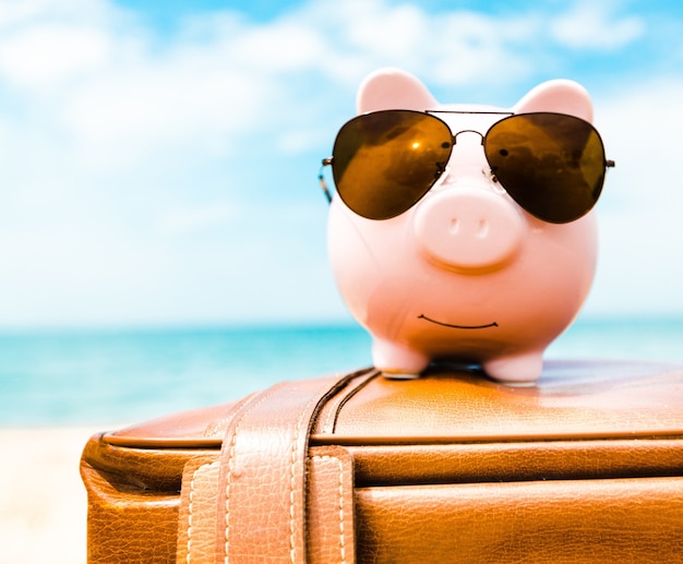 Photo piggy bank on suitcase on background