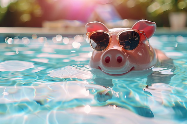 Piggy bank on a summer holiday relaxing by a pool travel cost and saving concept
