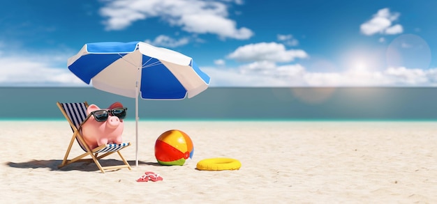 Piggy Bank sunglasses in a beach chair on the Beach with umbrella - Holidays In Economic