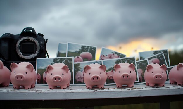 Piggy Bank on Teachers Desk with Educational Items