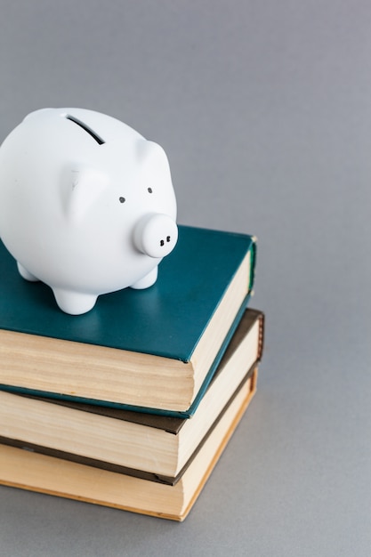 Photo piggy bank on top of books