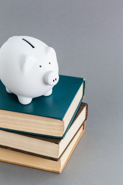 Piggy bank on top of books