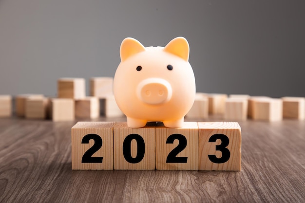 Piggy bank on top of wooden block budget plan 2023