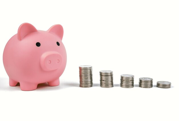Piggy bank and tower of coins isolated on white background
