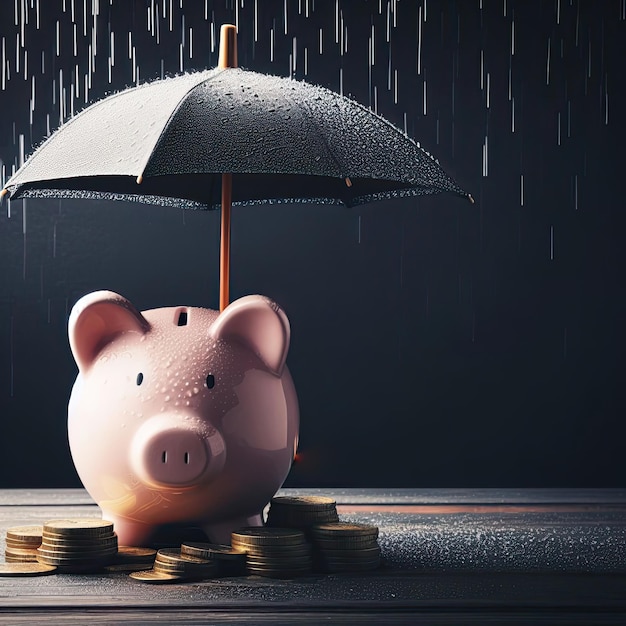 A piggy bank under an umbrella on a dark background