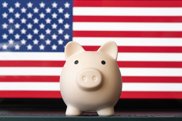 Piggy bank on USA flag background The problem is in the economy The economic crisis Saving money concept