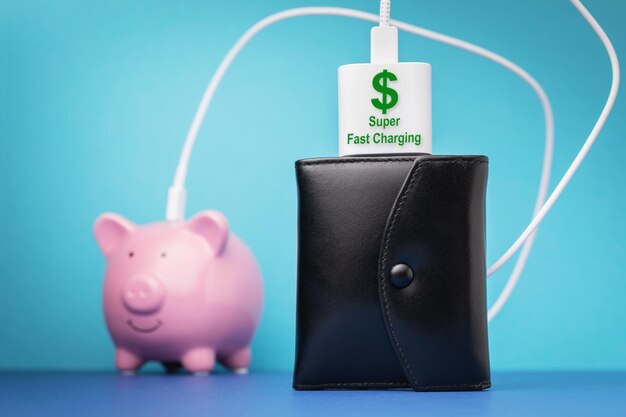 Piggy bank wallet and smartphone charger with dollar symbol on a colored background concept