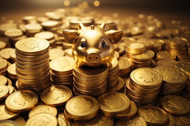 Piggy Bank Wealth Stacks of Golden Coins