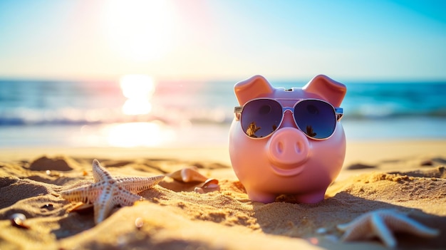 Piggy bank wearing sunglasses on a sunny beach generative ai