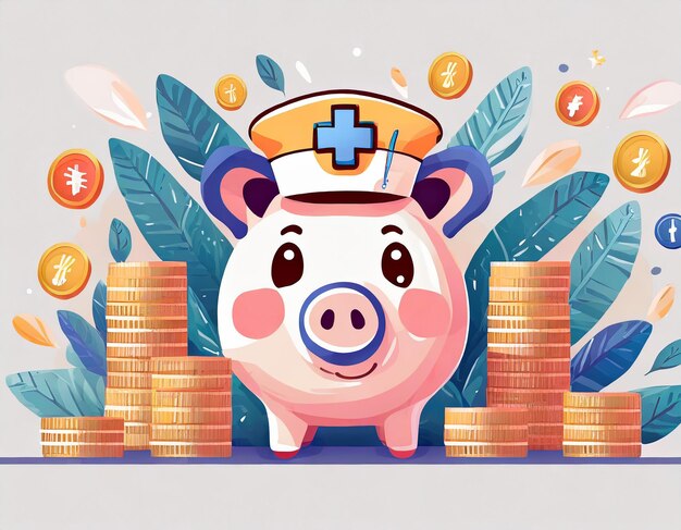 Photo piggy bank wears nurse cap with stacks or piles of golden money coins creative financial concept of