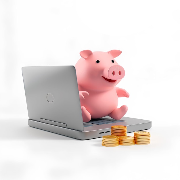 Foto piggy bank werkt op een laptop en verdient geld online