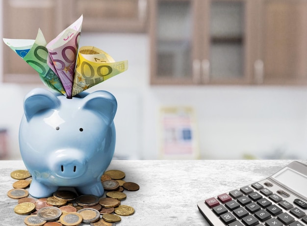 Foto un porcellino con banconote e monete concetti di finanza risparmio di denaro ed economia