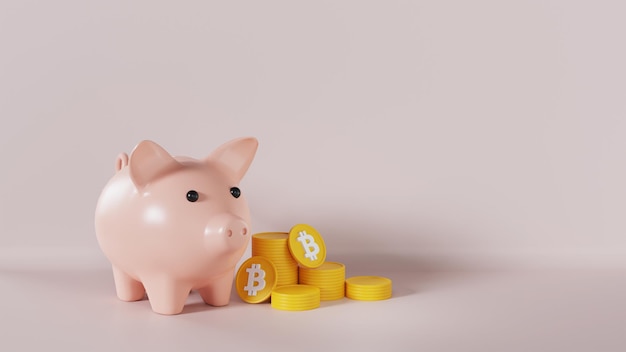 Photo piggy bank with bitcoin on pink background