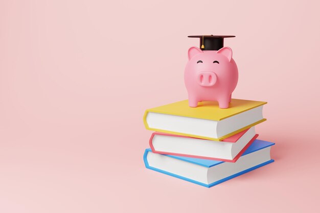 Piggy bank with black graduation cap and stacking book on pink\
background money savings invest in education or knowledge concept\
financial planning bank loan for kid tuition cost 3d rendering