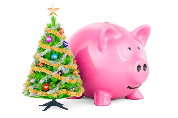 Piggy bank with blue Christmas tree 3D rendering