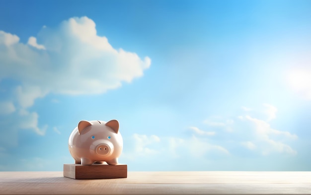 A piggy bank with a blue face sits on a wooden block with a blue sky behind it.