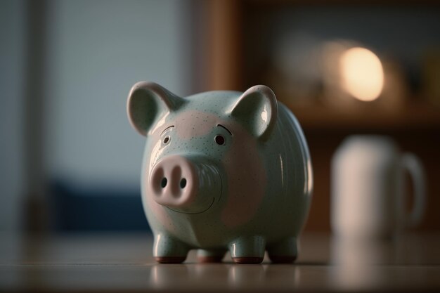 A piggy bank with a blue and pink face sits on a table.