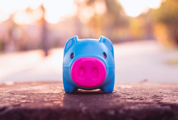 Piggy bank with blurred sunset light in vintage tone