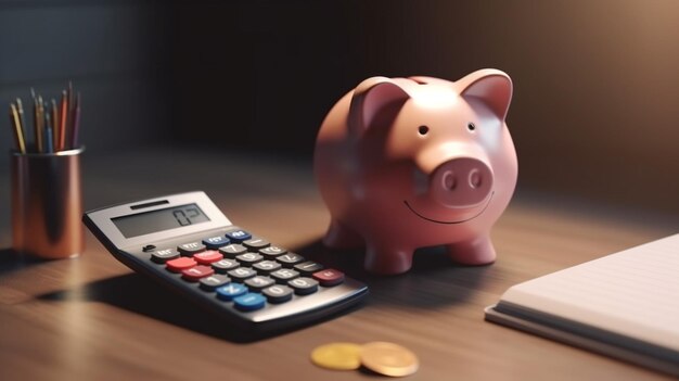 Piggy bank with calculator and coinsgenerative ai