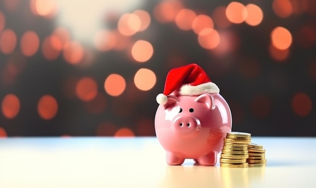 piggy bank with christmas hat on table