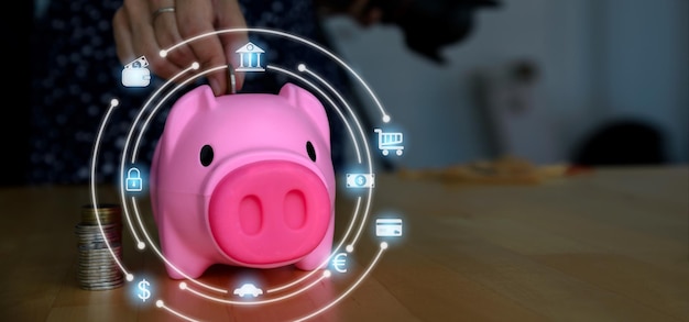 Piggy bank with the circle of investing revenue money planning\
online banking digital investment financial concept