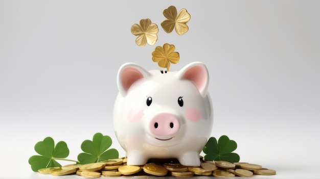 클로버 잎과 동전으로 된 돼지 은행 돈 저축 개념 행운의 돈 벽지